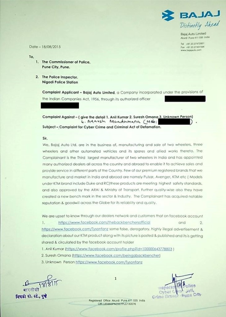Bajaj Complains Against Facebook Post