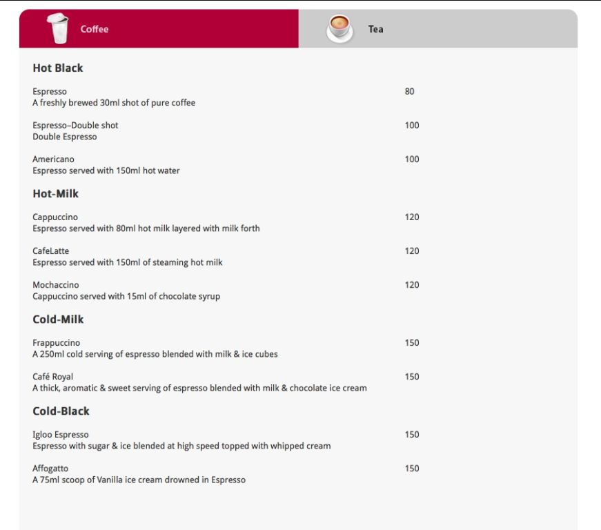 Fiat Caffe Coffee Menu Fiat Caffe Coffee Menu