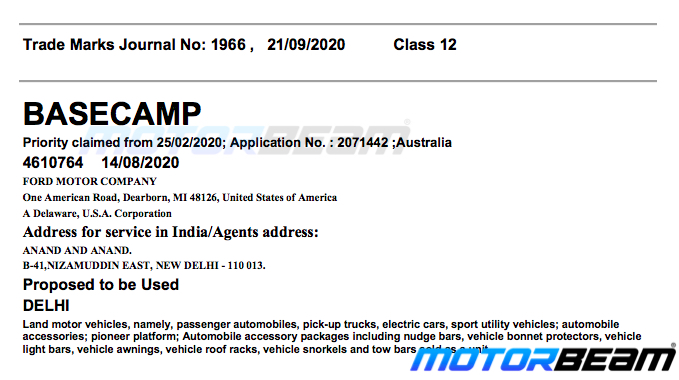 Ford Endeavour BaseCamp Trademark