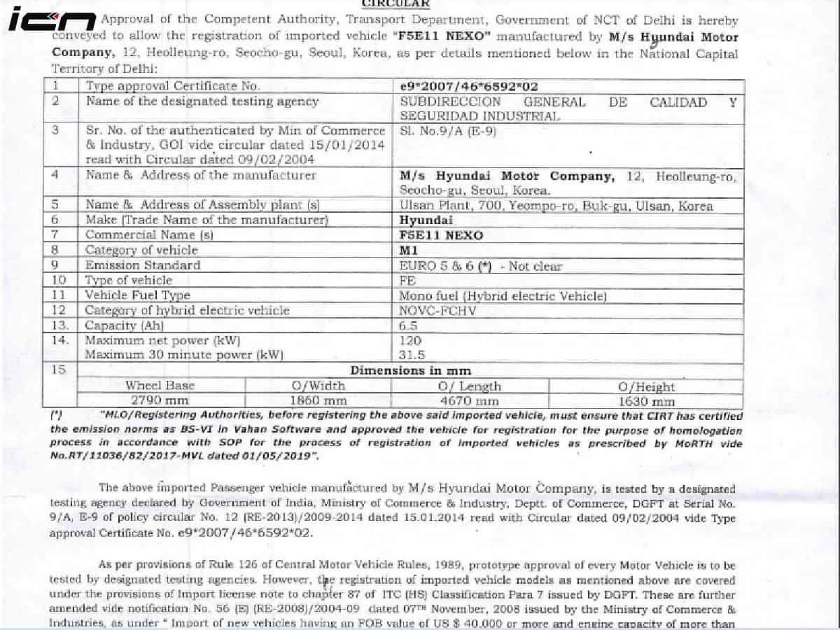 Hyundai Nexo Type Approval Certificate