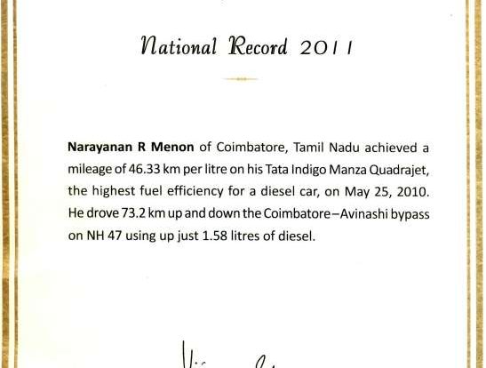 Limca Mileage Record Certificate