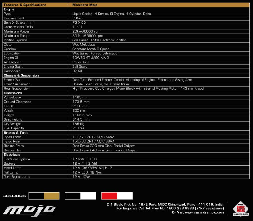Mahindra Mojo Spec Sheet