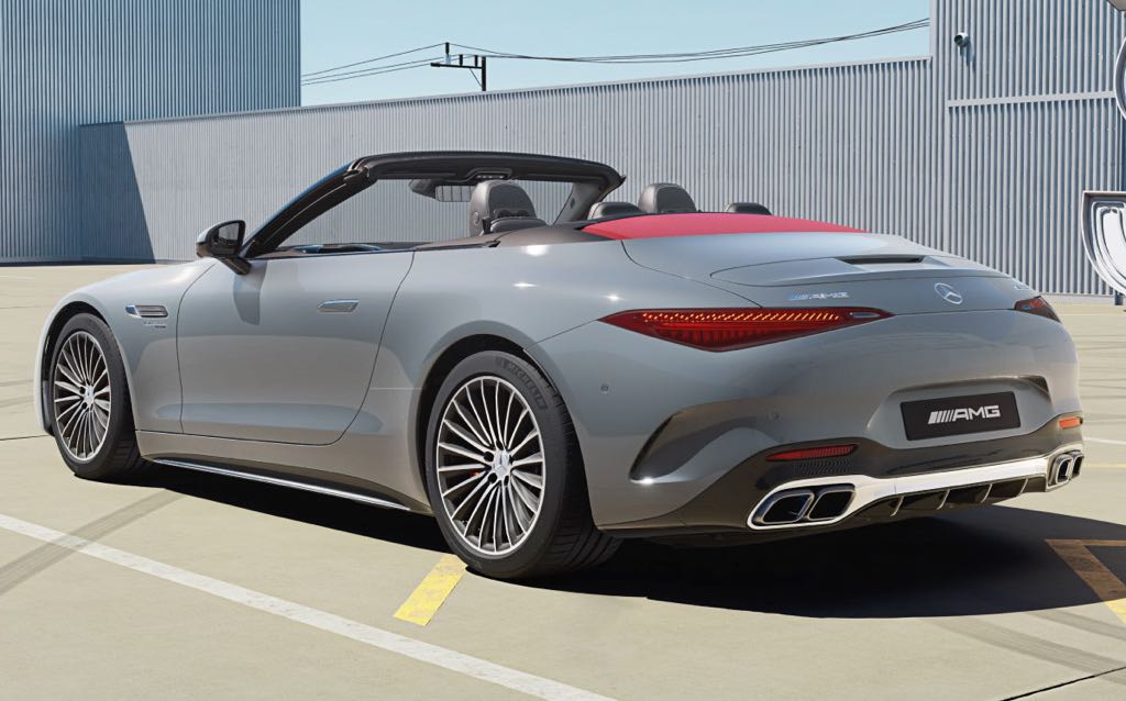 Rear profile of the grey sports car