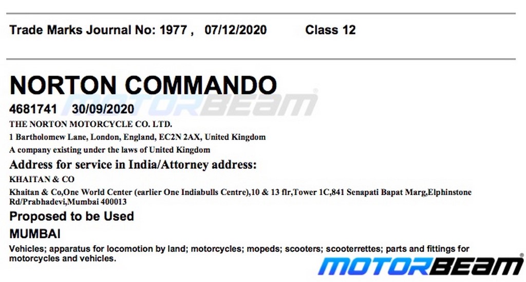 Norton Motorcycles Commando Trademark