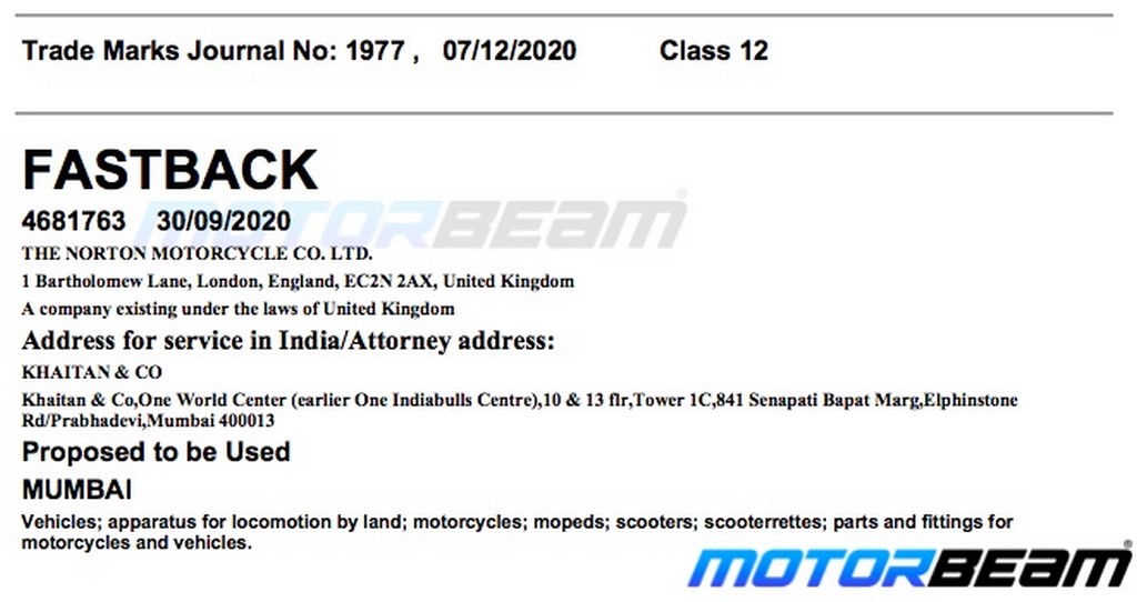 Norton Motorcycles Fastback Trademark
