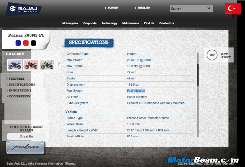 Pulsar 200 NS FI Specs