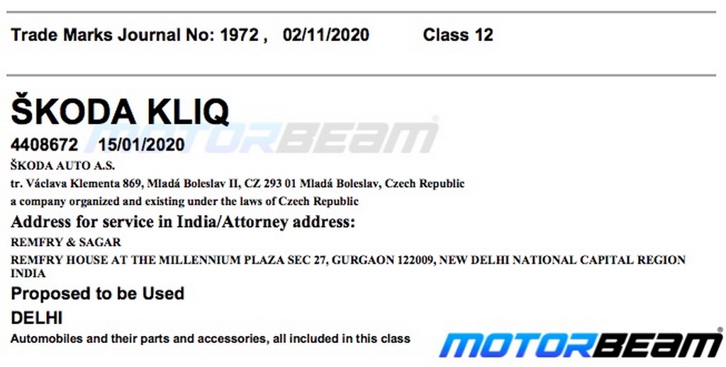 Skoda Kliq Trademark