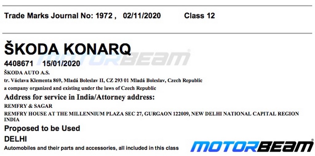 Skoda Konarq Compact SUV Trademark