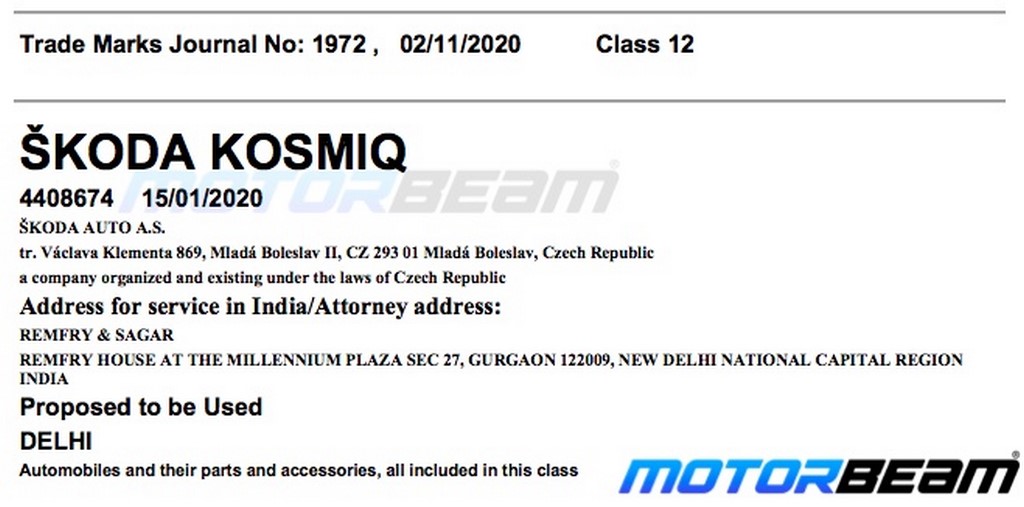 Skoda Kosmiq Trademark