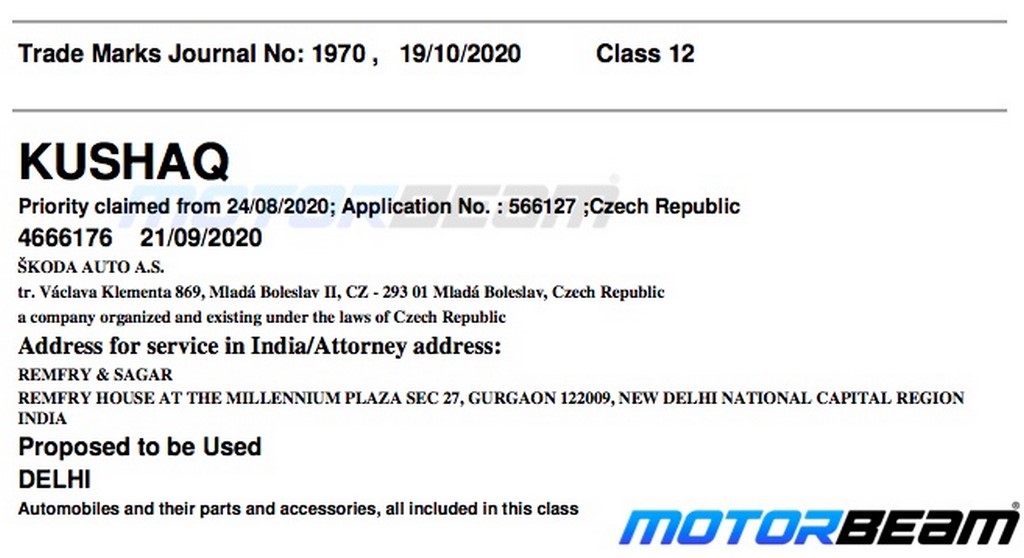 Skoda Kushaq Compact SUV Trademark