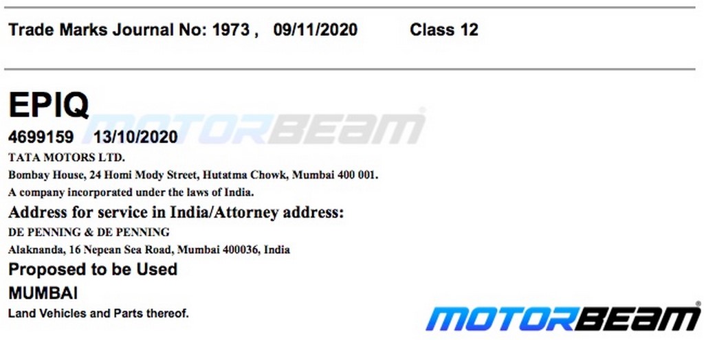 Tata Epiq Trademark