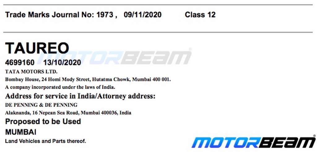 Tata Taureo Trademark