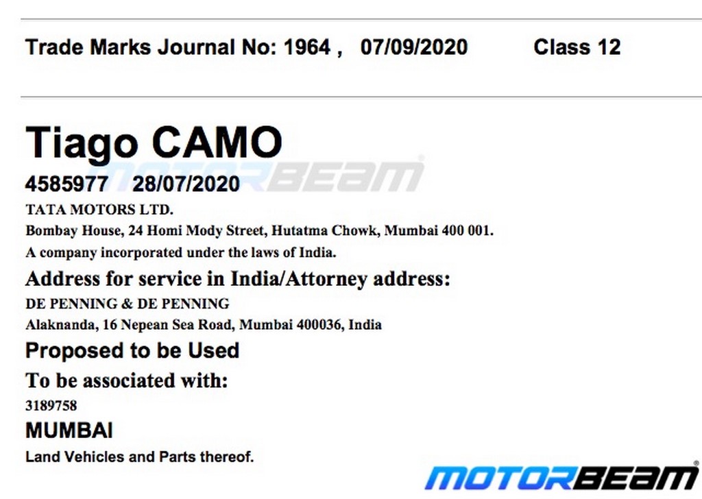 Tata Tiago CAMO Trademark