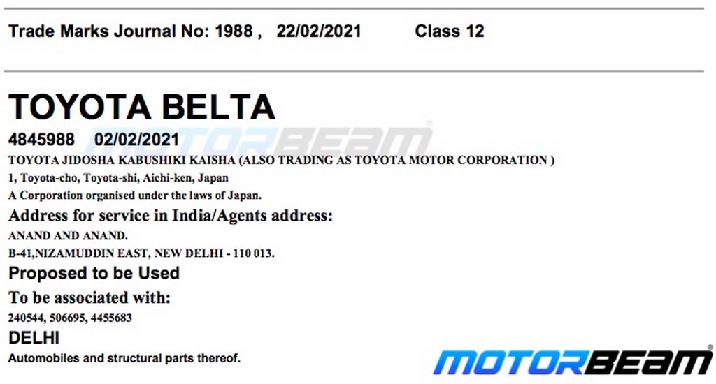 Toyota Belta Trademark
